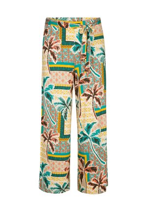Lichte, patronenwijdte broek met tropische palmblaadjes in groen, oranje en geel, voorzien van een trekkoord in de taille en geometrische accenten.