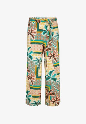 Lichte, patronenwijdte broek met tropische palmblaadjes in groen, oranje en geel, voorzien van een trekkoord in de taille en geometrische accenten.