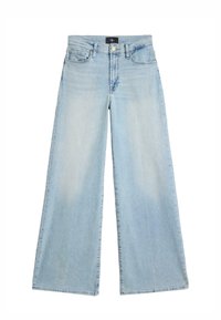Jeans a gamba larga color azzurro chiaro in denim, con vita alta, chiusura con bottoni e leggero scolorimento sul tessuto.