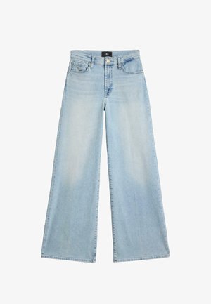 Lichtblauwe wijde jeans van denim, met een hoge taille, een knoopsluiting en subtiele vervaging op de stof.