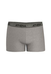 Boxer-briefs pour hommes gris avec une ceinture élastique portant le nom de la marque "ATHENA" en noir. Texture lisse et design ajusté.
