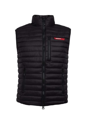 Schwarze isolierte Weste mit hohem Kragen, gesteppter Optik, Frontreißverschluss und Seitentaschen; verfügt über ein kleines rotes Logo auf der Brust.