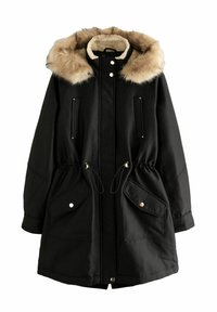 Parka noir avec capuche en fausse fourrure, taille ajustable par cordon, deux poches supérieures et deux poches à rabat inférieures. Tissu lisse avec une finition mate.
