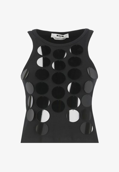 Top nero senza maniche con design aderente, caratterizzato da grandi decorazioni circolari nere lucide disposte a motivo sulla parte anteriore.