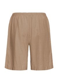 Heledad lahtise lõikega helepruunid lühikesed püksid, millel on elastne vöökoht ja reie keskpaigani ulatuv pikkus, valmistatud tekstuuriga kergest kangast.