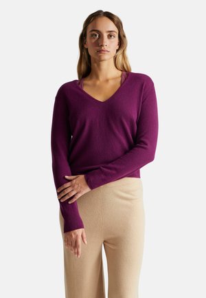 V-hals, lange mouw trui in rijk paarse wolmix. Zachte textuur met aansluitende manchetten. Gecombineerd met beige, taps toelopende broek.