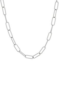 Silberne Kettenhalskette mit verlängerten ovalen Gliedern und polierter Oberfläche, die ein elegantes und minimalistisches Design bietet.