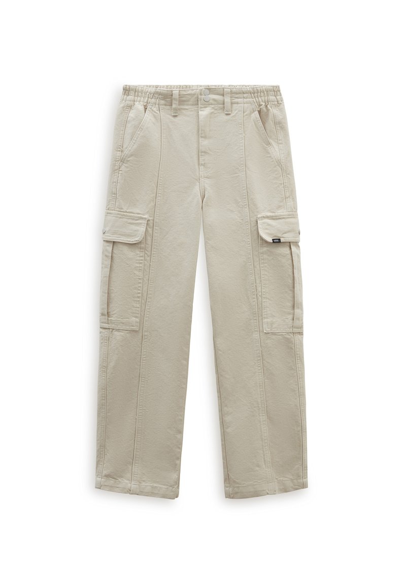 Beige cargo kalhoty vyrobené z bavlny s elastickým pasem, obsahující dvě boční kapsy a dvě velké cargo kapsy s klopovými uzávěry.