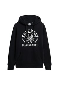 Sudadera negra con bolsillo delantero y capucha ajustable con cordón. El texto blanco presenta "Superdry" y un gráfico de calavera. Tejido de mezcla de algodón.