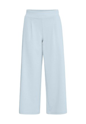 Ljust blå vida byxor med en mjuk textur, med en hög elastisk midja och framfållar för extra detalj.