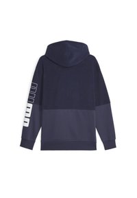 Sudadera marina con capucha, que presenta un diseño a bloques de color y un gráfico blanco en la manga izquierda. Suave al tacto y con puños acanalados.