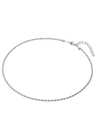 Collar de cadena plateada con un diseño trenzado, que presenta un cierre de langosta y una cadena de extensión para longitud ajustable.