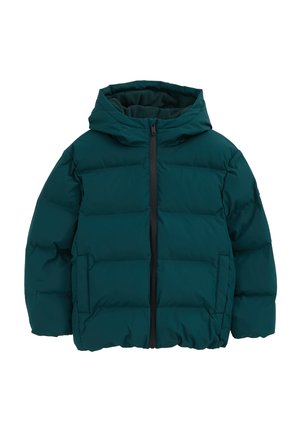 Veste d'hiver matelassée vert foncé avec capuche, fermeture éclair devant et deux poches latérales, conçue pour la chaleur et le temps froid.
