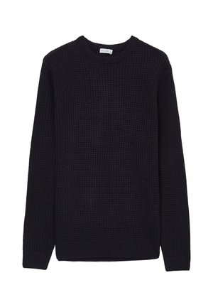 Maglione lavorato a maglia di un blu navy scuro con scollatura rotonda e maniche lunghe. Presenta un pattern testurizzato e polsini e orlo a coste.