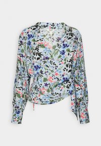 Floral wrap blouse in light blue fabric featuring various flowers in pink, purple, and green. Long sleeves with adjustable tie detail at the waist.
