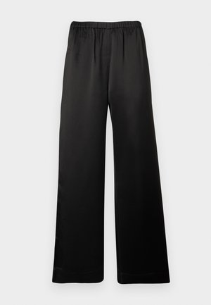 Pantalon noir à jambes larges avec ceinture élastique, tissu lisse, sans poches visibles ni ornements, présenté de face sur un fond uni.