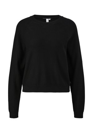 Schwarzer gestrickter Pullover mit Rundhalsausschnitt, langen Raglanärmel und einem gerippten Saum. Der Stoff hat eine glatte Textur ohne Muster.