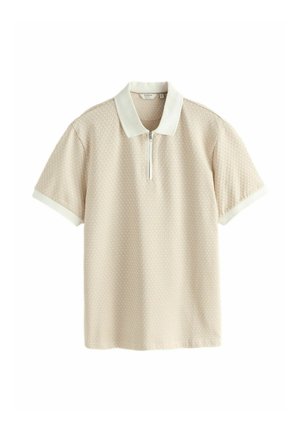 Beige Poloshirt mit kurzen Ärmeln, strukturiertem Muster, weißem Kragen, Manschettenverzierung und vorderer Reißverschlussöffnung.