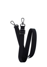 Black nylon dog leash with two clips, flat design, textured surface, adjustable length, metal hardware, and sturdy stitching.