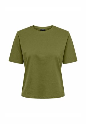 Olive green short-sleeve crew neck T-shirt with a relaxed fit, displayed on a white background.
