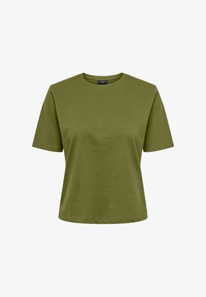 Olive green short-sleeve crew neck T-shirt with a relaxed fit, displayed on a white background.