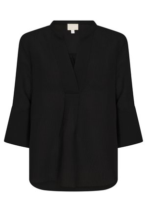 Zwarte, loszittende blouse met een v-hals, 3/4 mouwen met een klokvorm en een gestructureerd streeppatroon. Zacht, lichtgewicht materiaal.