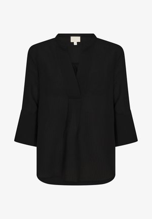 Czarna, luźna bluzka z dekoltem w kształcie litery V, 3/4 rękawami w stylu dzwonowym i strukturalnym paskowanym wzorem. Miękki, lekki materiał.