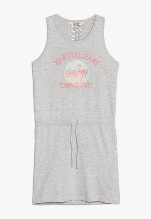 Grijze mouwloze jurk van zachte stof, met een trekkoord in de taille, crisscross-detail bij de halslijn en een kleurrijke grafische print "Flamingo State".