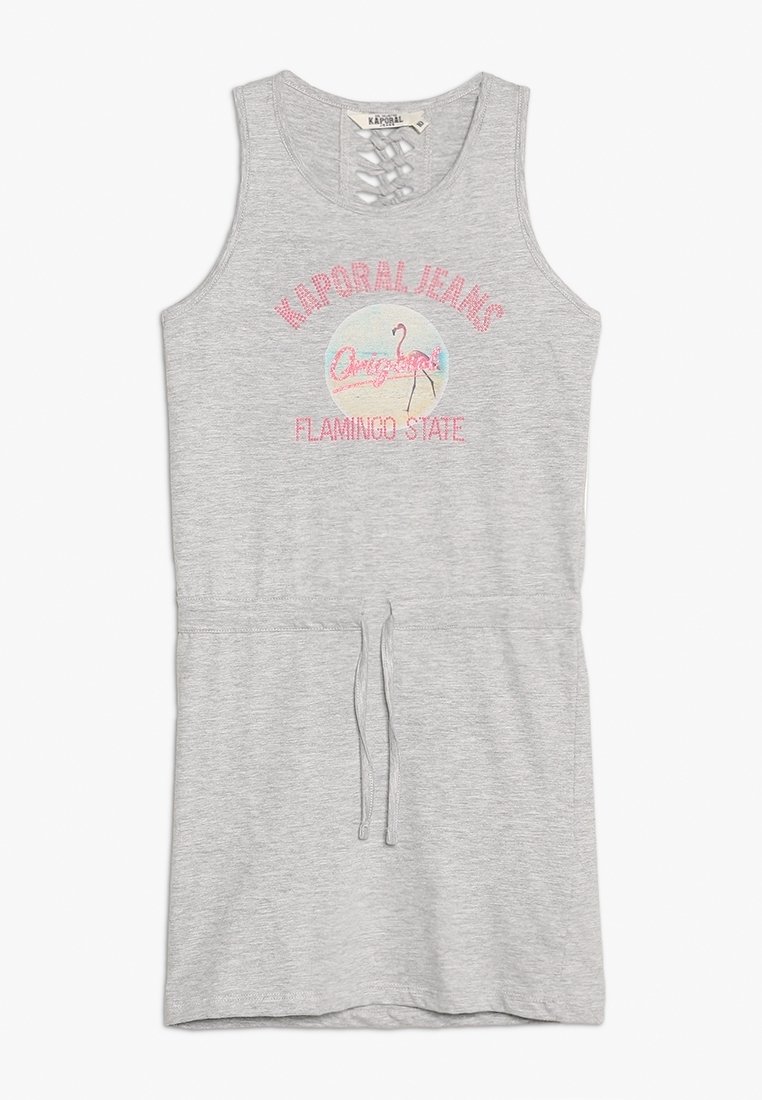 Szara sukienka bez rękawów z miękkiego materiału, z regulowanym pasem, szczegółem w kształcie krzyżującym się przy dekolcie oraz kolorowym nadrukiem graficznym "Flamingo State".
