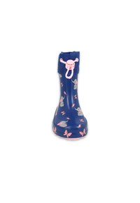 Botte de pluie marine avec des accents roses, ornée d'un motif d'éléphants et de papillons, fabriquée en matériau imperméable, avec un bout arrondi et un revers ajustable.