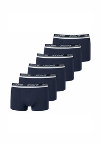 Set van zes marineblauwe katoenen boxershorts, met een zwart-witte "uncover" elastische tailleband en een strakke pasvorm.