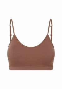 Brązowy, bezszwowy biustonosz z regulowanymi ramiączkami, o miękkiej fakturze i prostym designie. Wykonany z elastycznego materiału dla wygody i dopasowania.