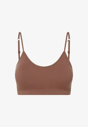 Brązowy, bezszwowy biustonosz z regulowanymi ramiączkami, o miękkiej fakturze i prostym designie. Wykonany z elastycznego materiału dla wygody i dopasowania.