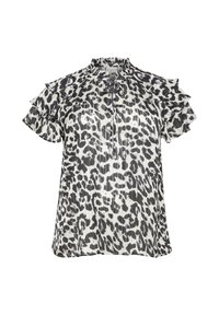 Bluzka z leopardzim wzorem, z krótkimi falbaniastymi rękawami, wysokim kołnierzem oraz pionowymi plisami w czerni i bieli. Miękki, lekki materiał.