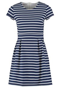 Laivansinis- ja valkoiraitainen mekko, jossa on lyhyet hihat, pyöreä kaula-aukko ja levenevä hame. Mukana selkävetoketju ja sileä kangas.