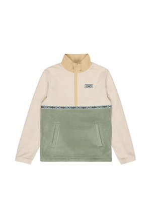 Trui met lange mouwen met een beige corduroy bovenkant, lichtgroene fleece onderkant, hoge kraag, rits aan de voorkant en klein patch-logo op de borst.