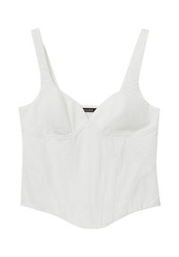 Top bianco senza maniche in stile corsetto con coppe strutturate, spalline larghe e dettagli a cuciture verticali.