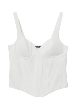 Top bianco senza maniche in stile corsetto con coppe strutturate, spalline larghe e dettagli a cuciture verticali.