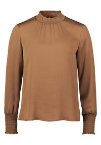 Blouse marron à manches longues avec un col smocké haut et des poignets smockés. Fabriquée en tissu léger et texturé, avec une coupe décontractée.