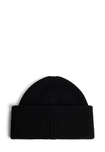 Black knitted beanie with ribbed texture, fold-over cuff, and seamless top design. Made from stretchy fabric for a snug fit.