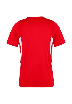 Red short-sleeved T-shirt featuring white side panels, a round neckline, and a smooth texture. Suitable for casual or athletic wear.