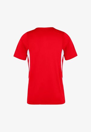 Red short-sleeved T-shirt featuring white side panels, a round neckline, and a smooth texture. Suitable for casual or athletic wear.