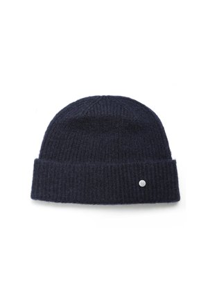 Marineblauwe wollen beanie met een geribd ontwerp, omgeslagen manchet en een klein zilveren logo-accent aan de zijkant. Zachte textuur, warme hoofddeksel.