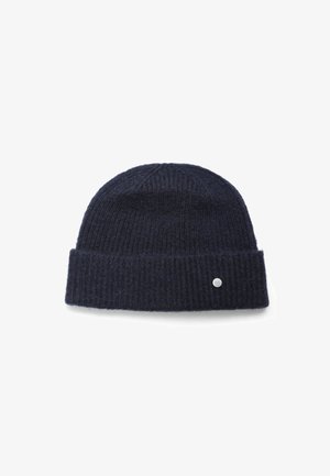Navy wool beanie with a ribbed design, folded cuff, and a small silver logo accent on the side. Soft texture, warm headwear.