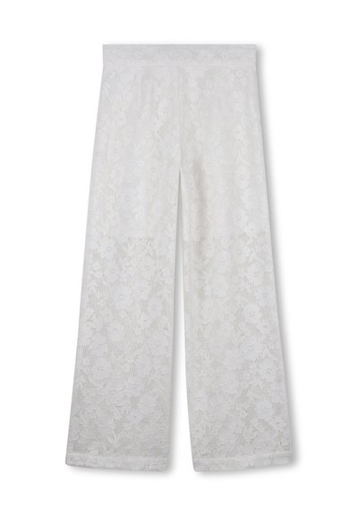 Wijd uitlopende broek gemaakt van wit kanten stof, met een bloemmotief, een gestructureerd oppervlak en een elastische tailleband voor comfort.