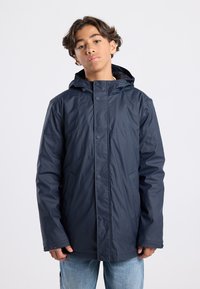 Navy waterproof jacket featuring a hood, snap buttons, and side pockets. Lightweight material with smooth texture, designed for warmth and comfort.