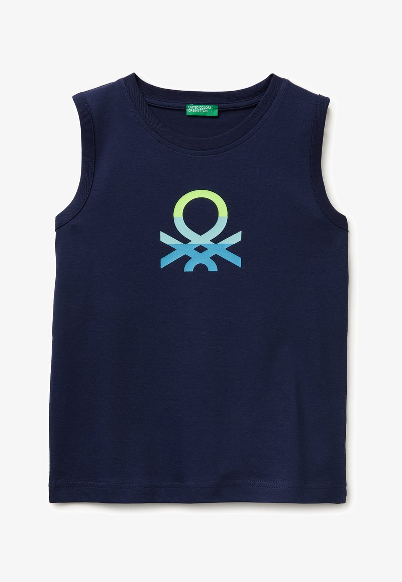 Haut bleu marine sans manches avec encolure ronde et un logo abstrait multicolore centré à l'avant.