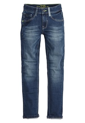 Blaue Denim-Jeans mit ausgewaschener Waschung, Knopf- und Reißverschluss, Gürtelschlaufen sowie vordere und hintere Taschen.