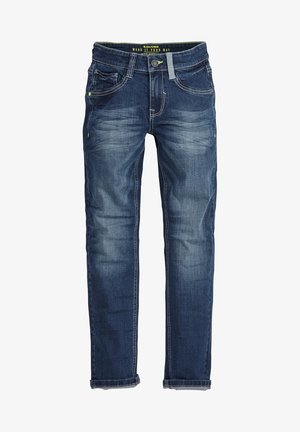 Blaue Denim-Jeans mit ausgewaschener Waschung, Knopf- und Reißverschluss, Gürtelschlaufen sowie vordere und hintere Taschen.