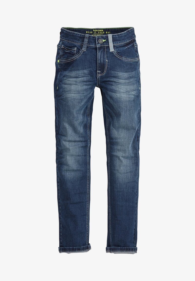 Jean en denim bleu avec un lavage délavé, fermeture par bouton et zip, passants de ceinture, et poches devant et derrière.